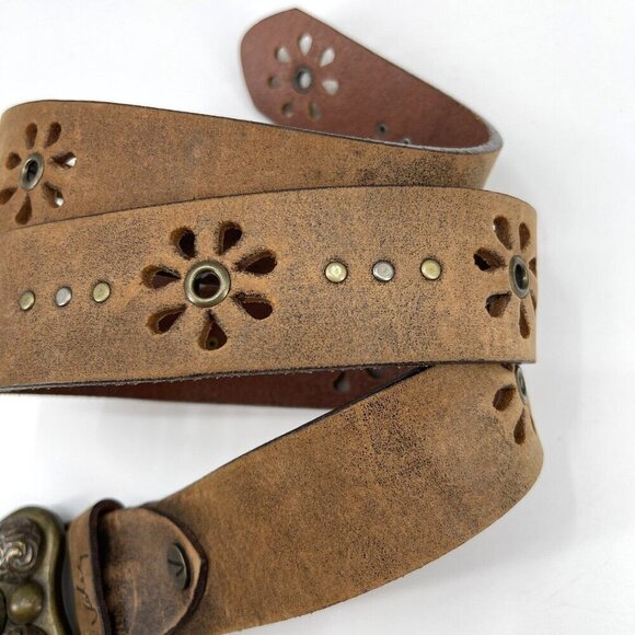 Velez Size M NWOT Brown Leather Flower Cut Out Boho Hippie Leather Studded Belt main image 4